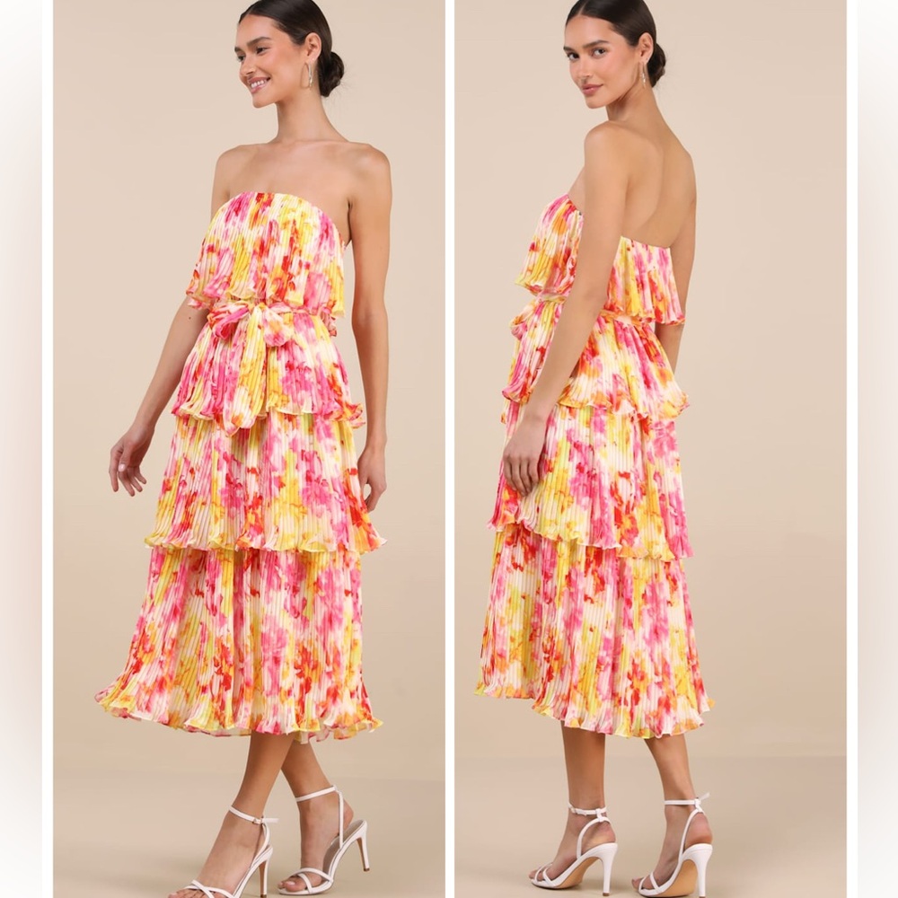 Lulus Nessa Yellow and Pink Abstract Plisse Tiered Midi Dress size XL NWT Beach